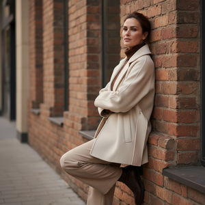 Woman in a beige coat leaning against a brick wall.