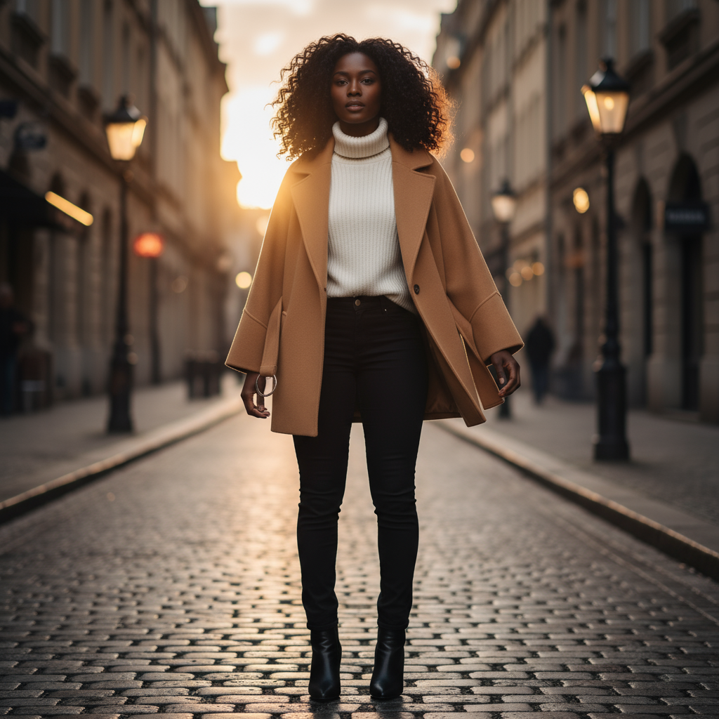 Woman in a tan coat walking down a cobblestone street at sunset.