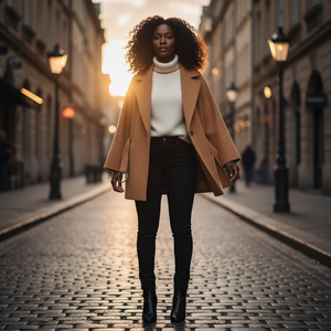 Woman in a tan coat walking down a cobblestone street at sunset.
