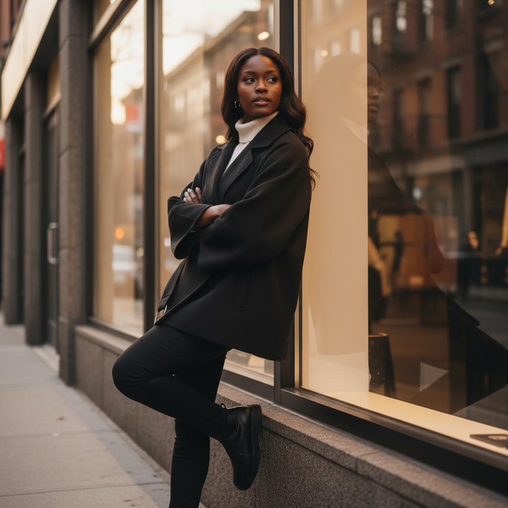 Woman in a black coat leaning against a building with a city street reflection.