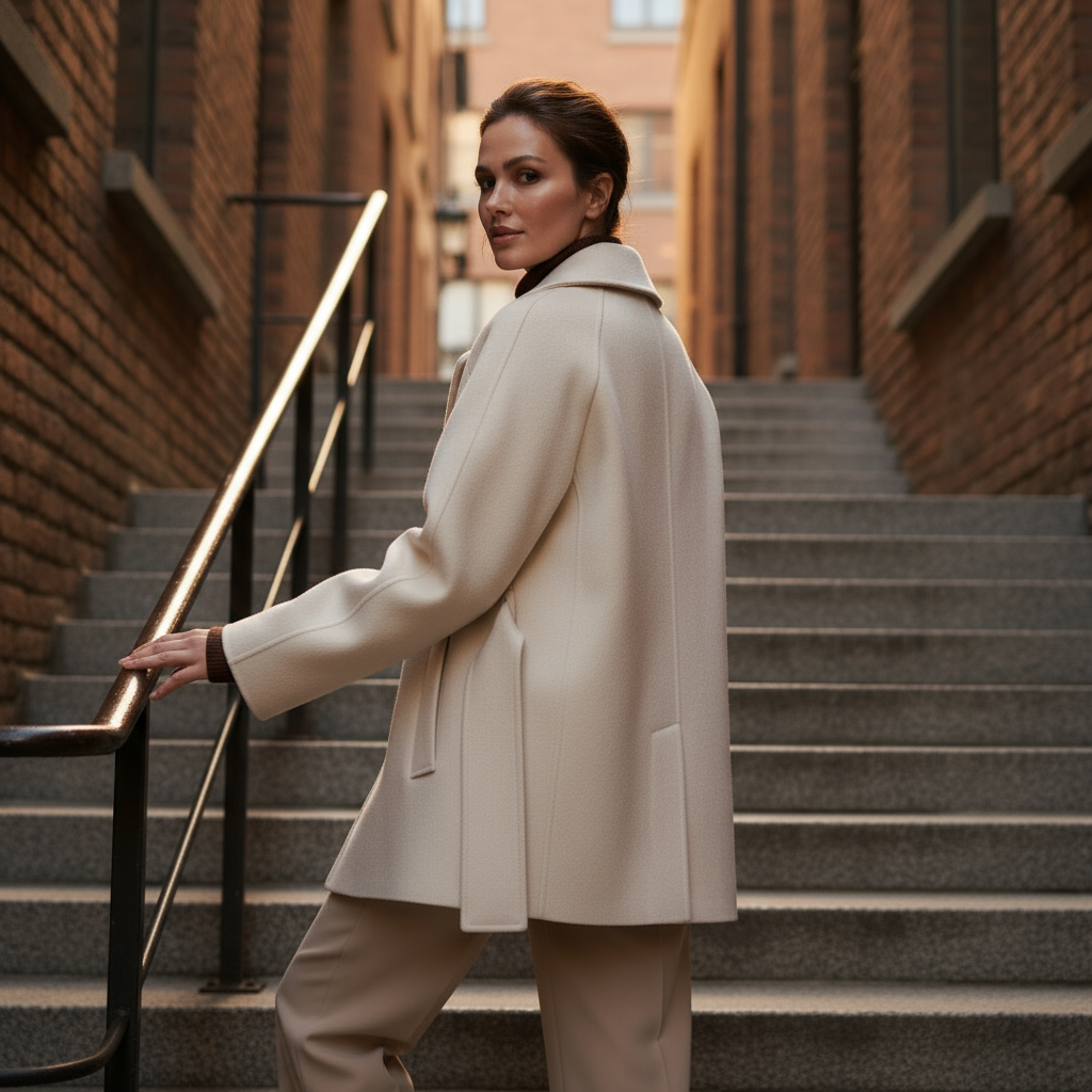 Woman in a beige coat standing on a set of stairs with brick walls in the background