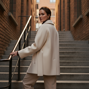 Woman in a beige coat standing on a set of stairs with brick walls in the background