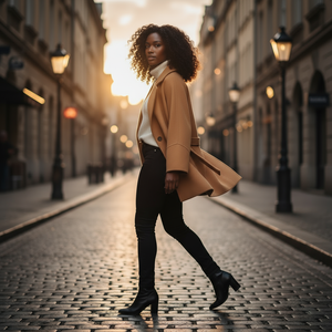 Woman walking on a cobblestone street in an urban setting
