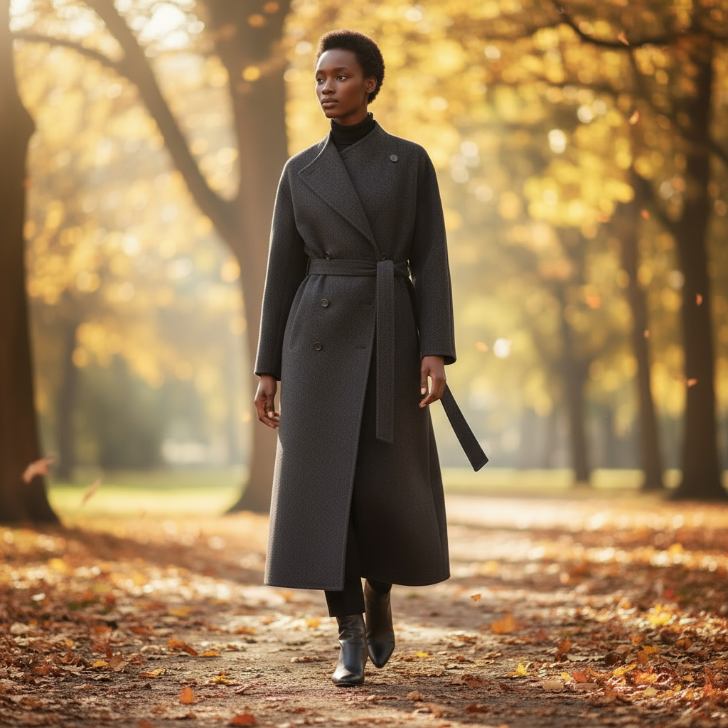 Woman in a long dark coat walking through a park with autumn foliage.