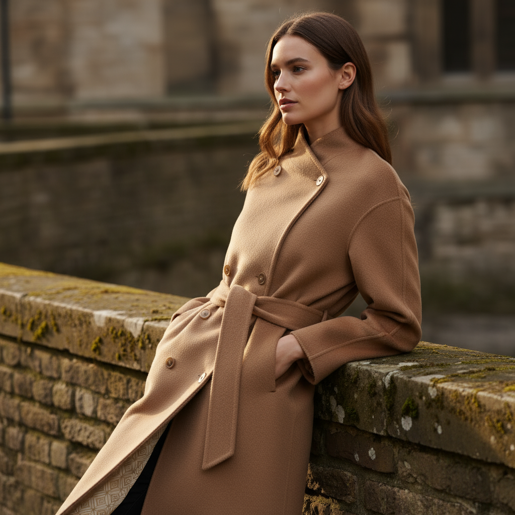 Woman in a brown coat sitting on a stone wall with a stone building in the background