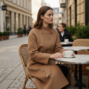 Woman in a brown coat sitting at an outdoor cafe table with a cup of coffee.