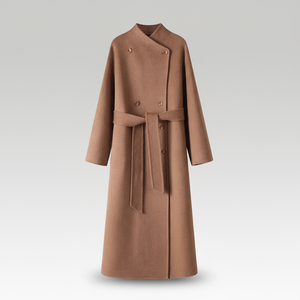 Brown coat with a belt on a light gray background