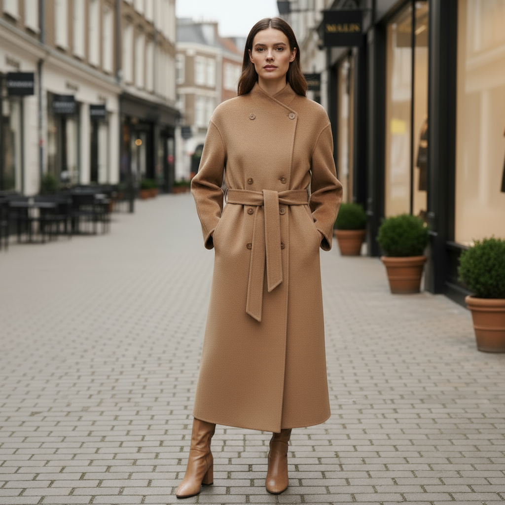 Woman wearing a long beige coat on a city street