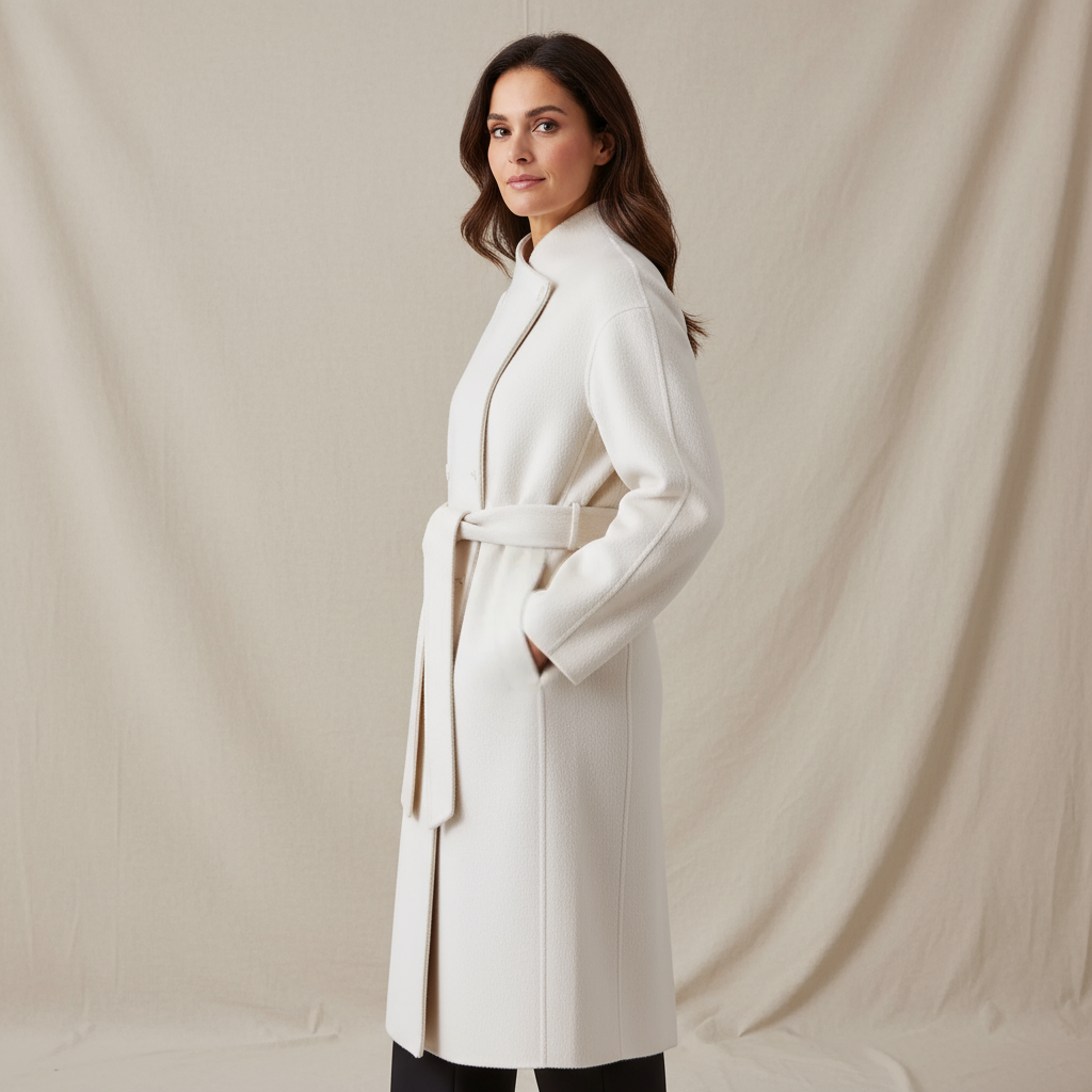 Woman wearing a white coat against a beige background