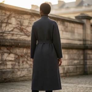 Person wearing a long dark coat standing in front of a stone wall.