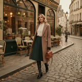 Woman in a long coat walking on a cobbled street with a cafe in the background
