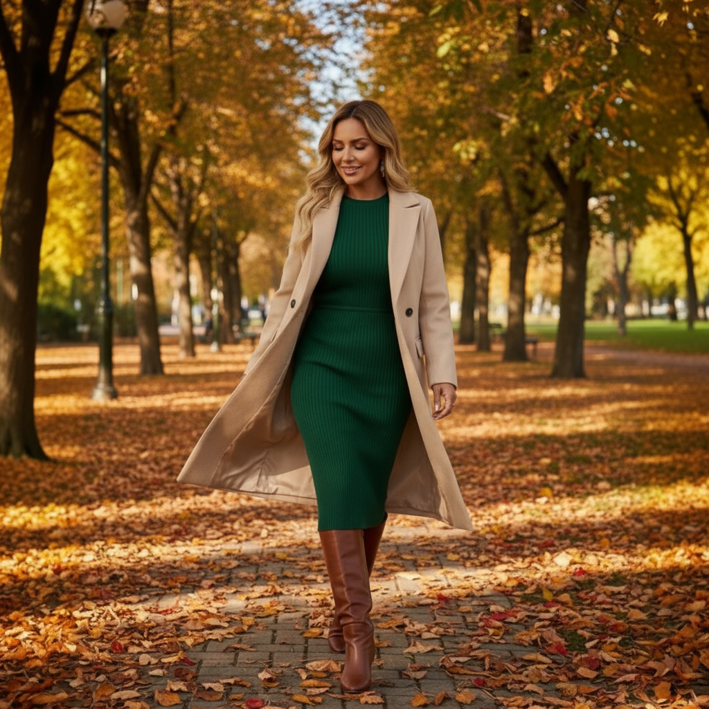 Woman in a green dress and beige coat walking through an autumn park.