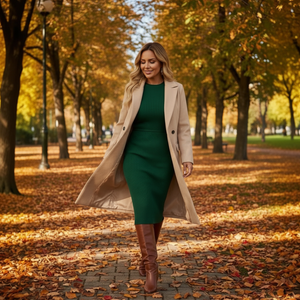 Woman in a green dress and beige coat walking through an autumn park.