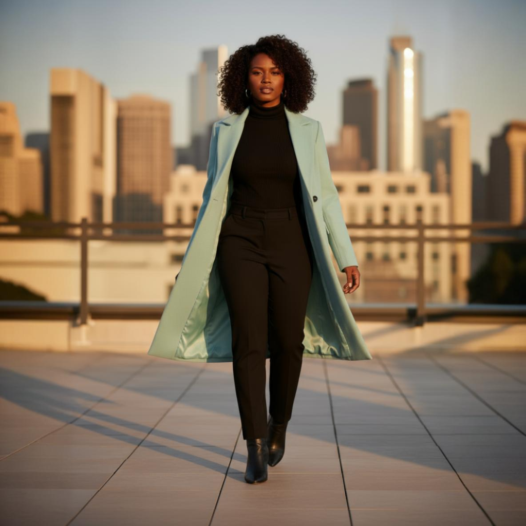 Woman in a long light blue coat walking on a rooftop with city skyline in the background