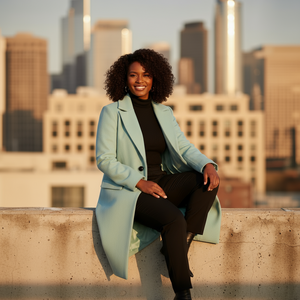 Woman in a light blue coat sitting on a ledge with a city skyline in the background