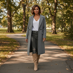 Woman in a gray coat walking on a path in a park