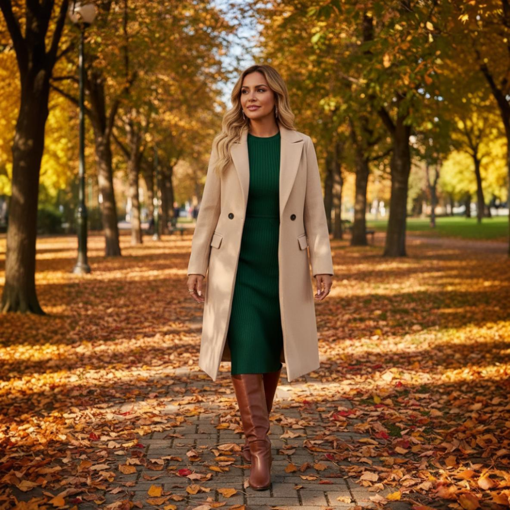Woman walking in a park with autumn foliage
