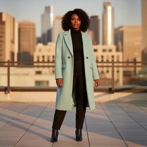 Woman in a light blue coat standing on a rooftop with city skyline in the background