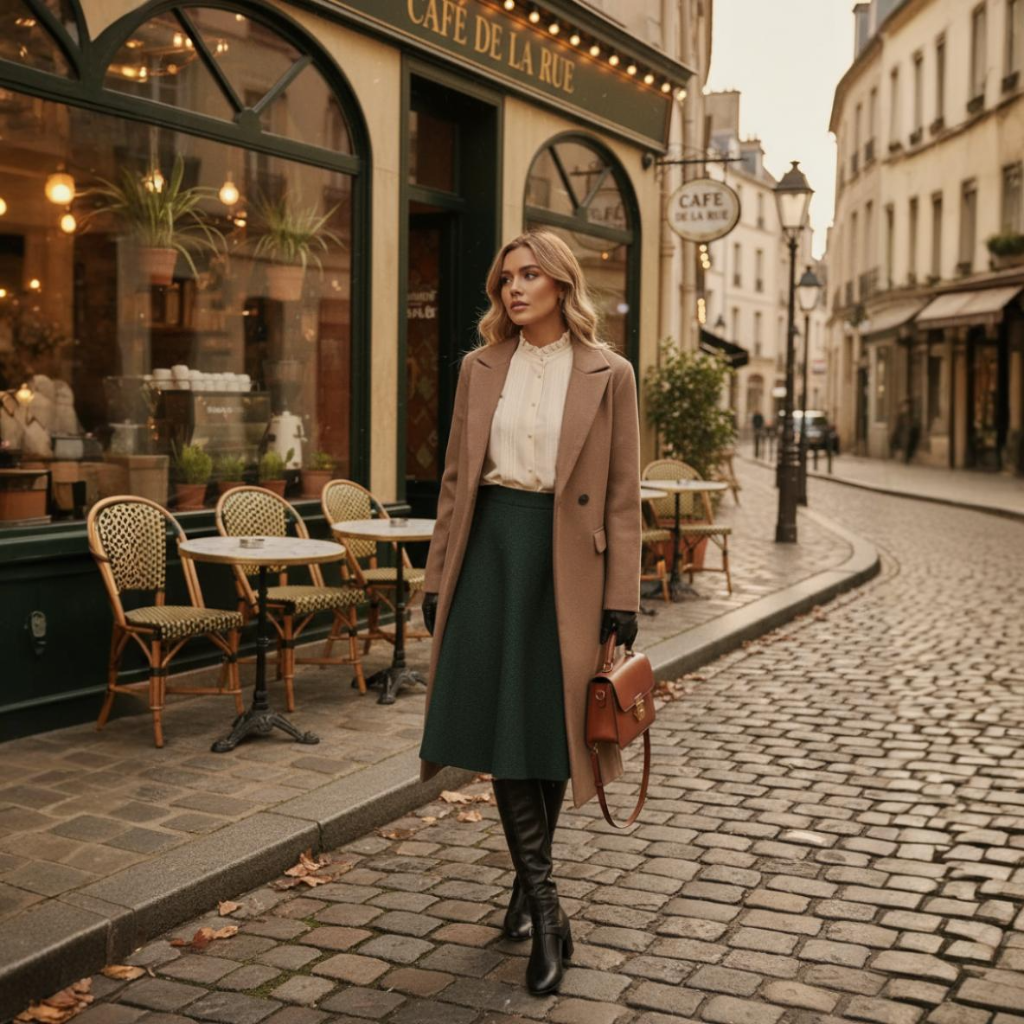 Woman walking on a cobblestone street in front of a café named 'Café de la Rue'.