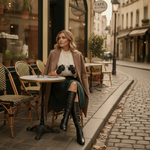 Woman sitting at a cafe table in an urban setting