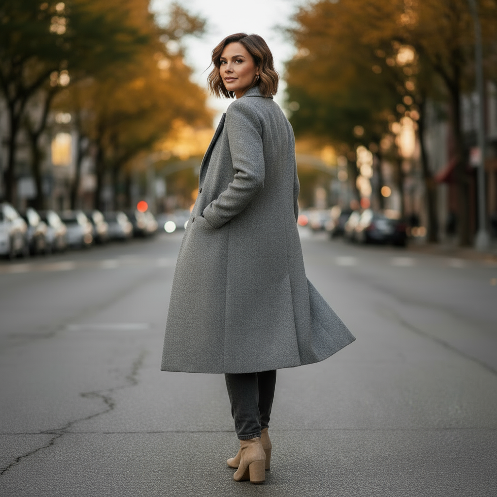 Woman in a gray coat standing on a city street with blurred background