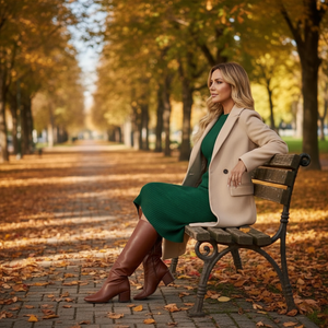 Woman sitting on a bench in an autumn park with trees and fallen leaves.