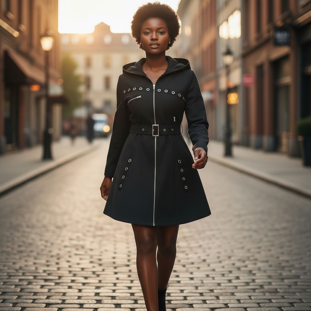 Woman in a black coat walking down a city street