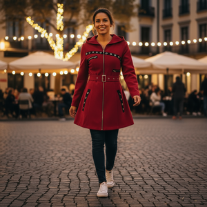 Woman in a red coat walking on a cobblestone street with string lights in the background