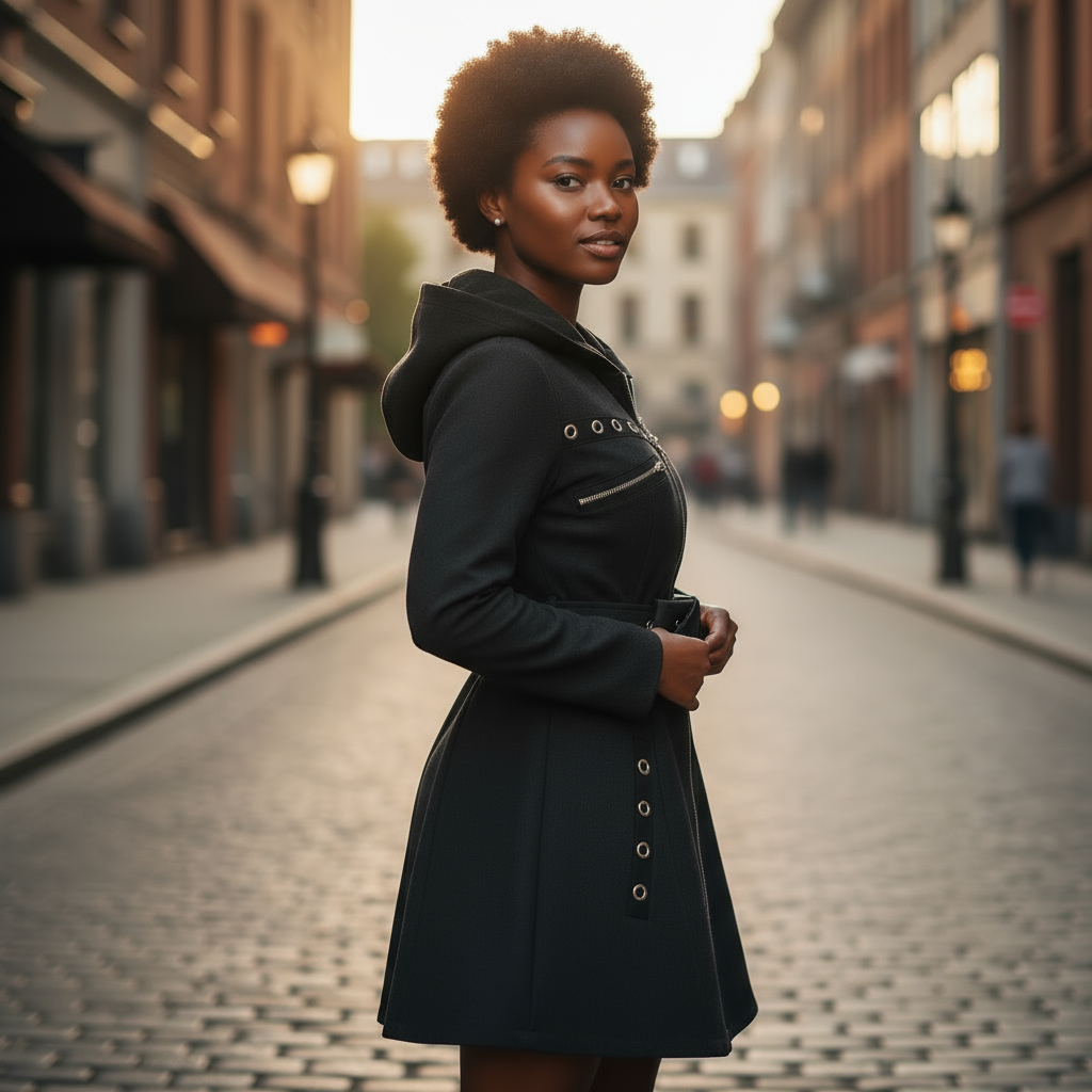 Woman in a black coat standing on a city street