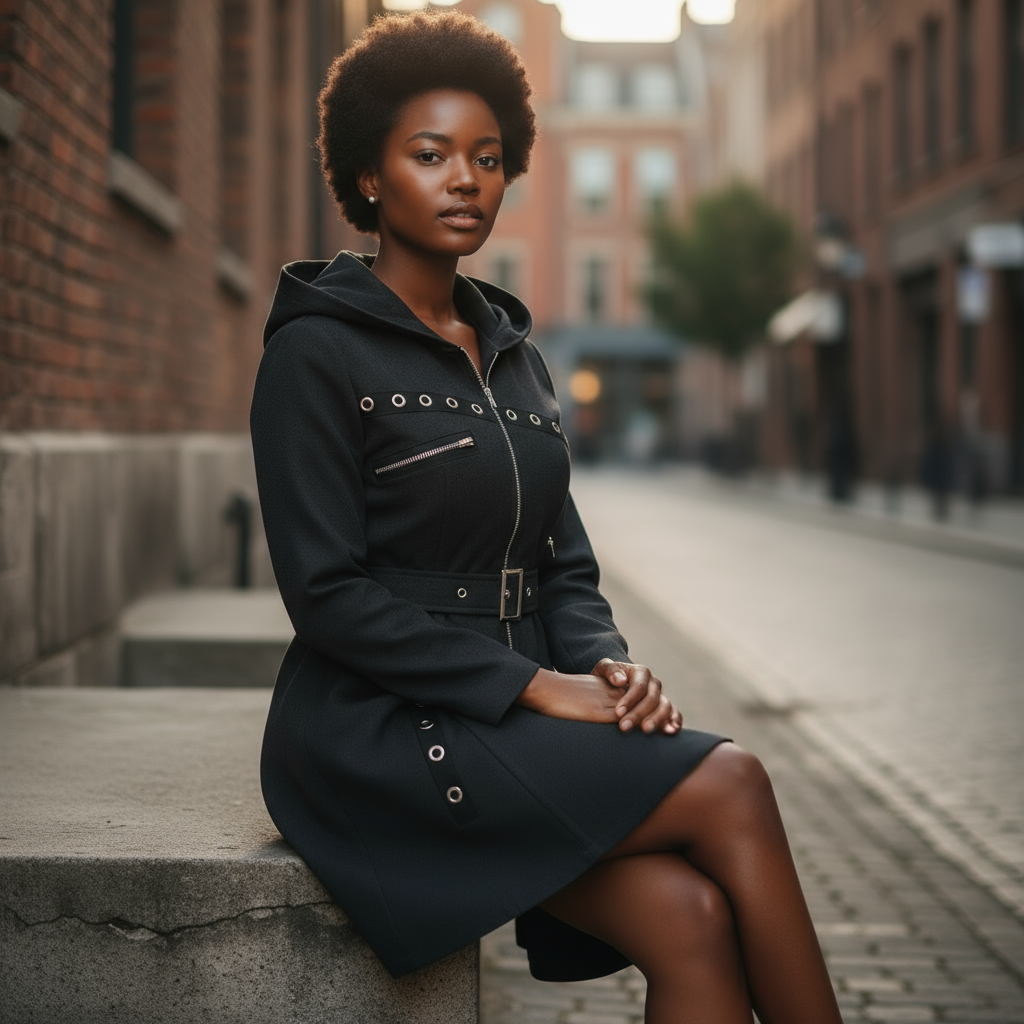 Woman in a black coat sitting on a street corner with blurred background