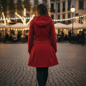Woman in a red coat walking on a cobblestone street with string lights in the background